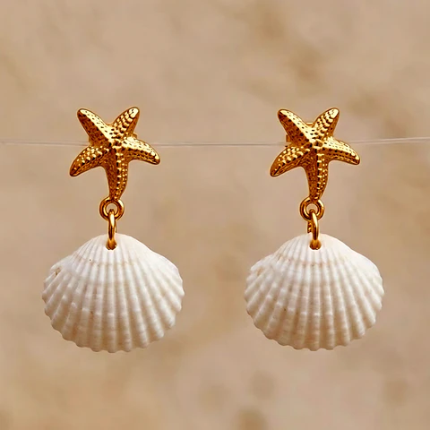 Brincos Pendentes Estrela do Mar com Concha Branca Redonda