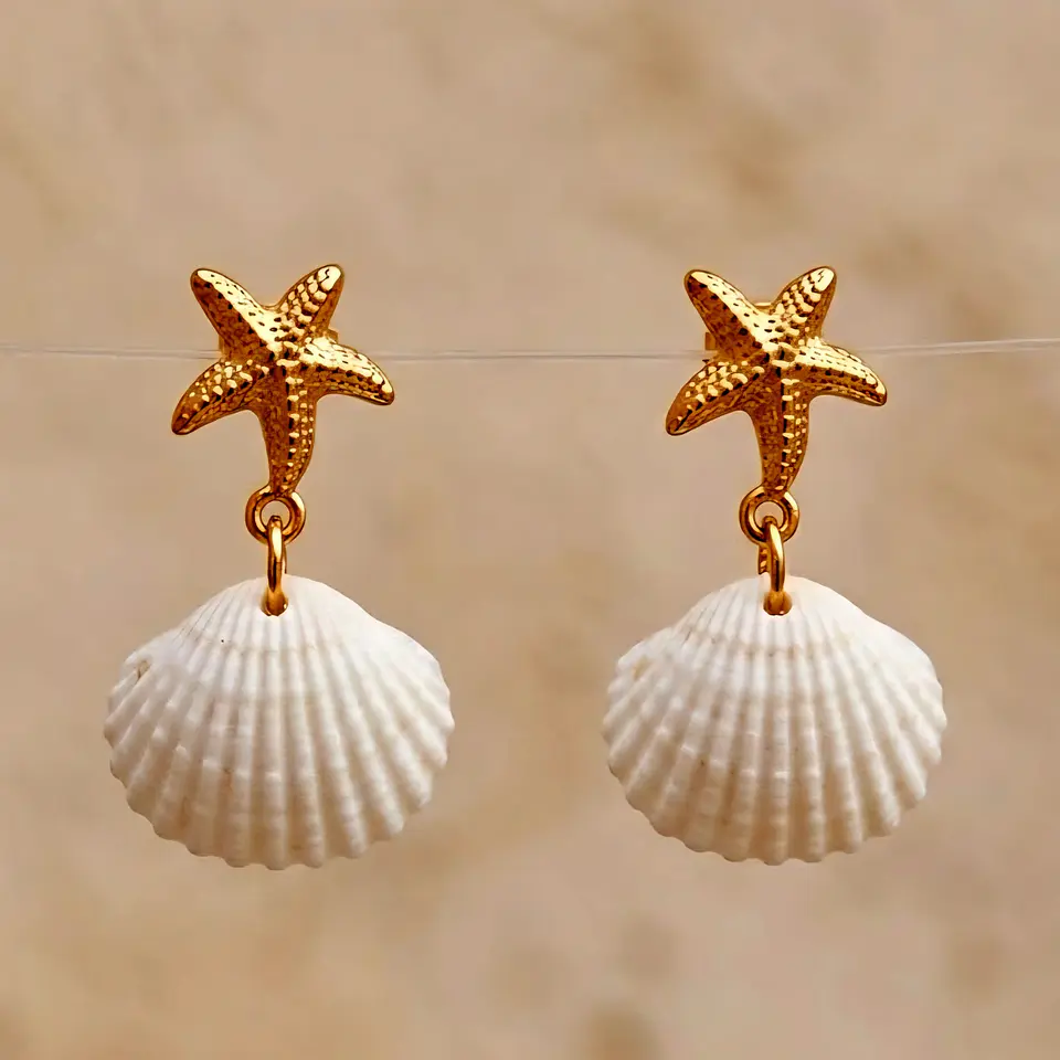 Brincos Pendentes Estrela do Mar com Concha Branca Redonda 2