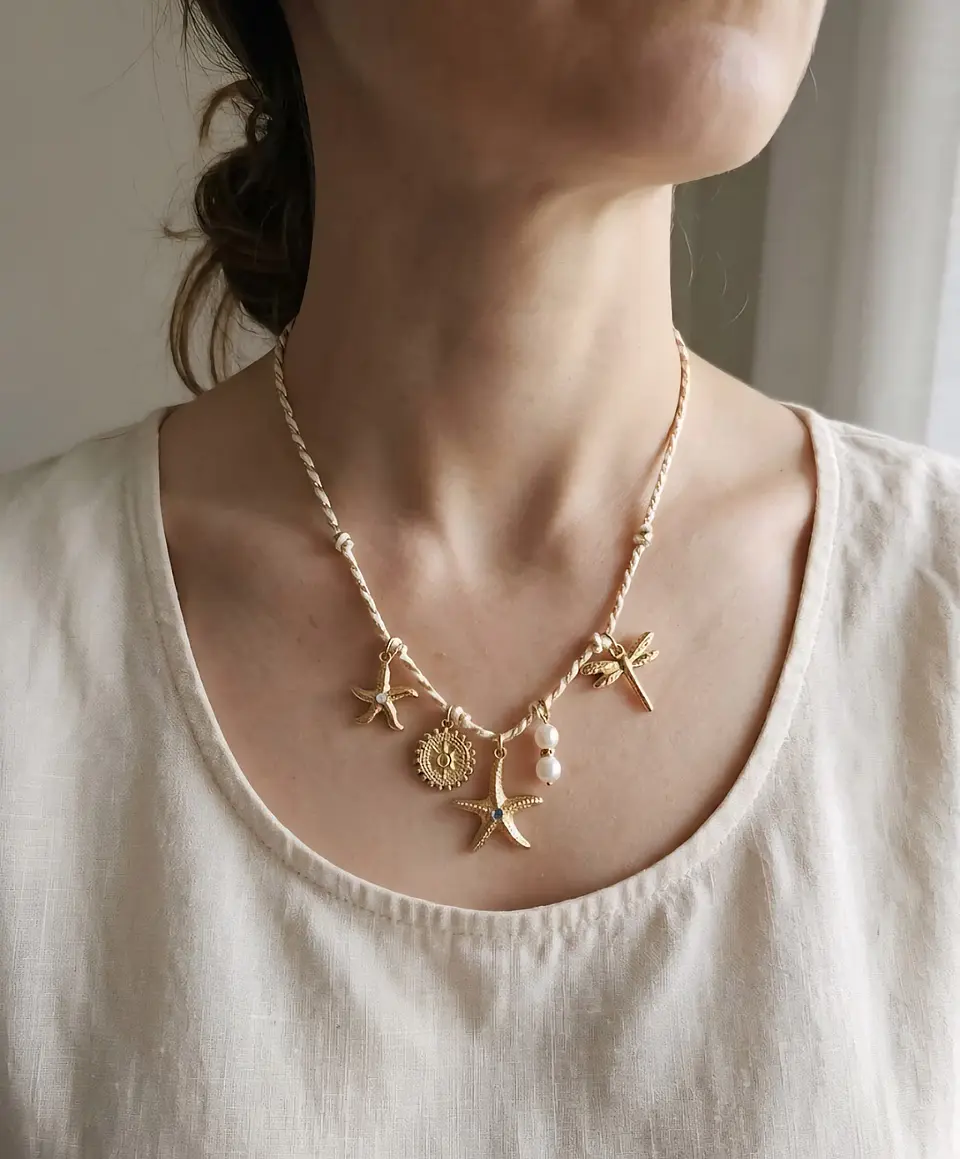 Colar de Cordão e Aço Dourado 