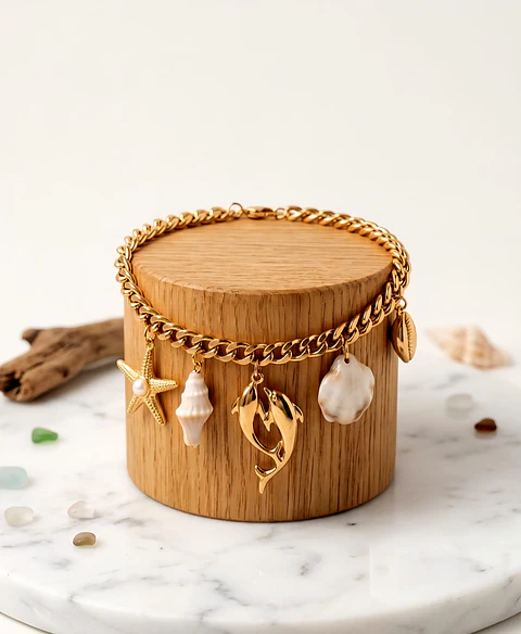 Pulseira Oceano em Aço Inoxidável com Pingentes Marinhos