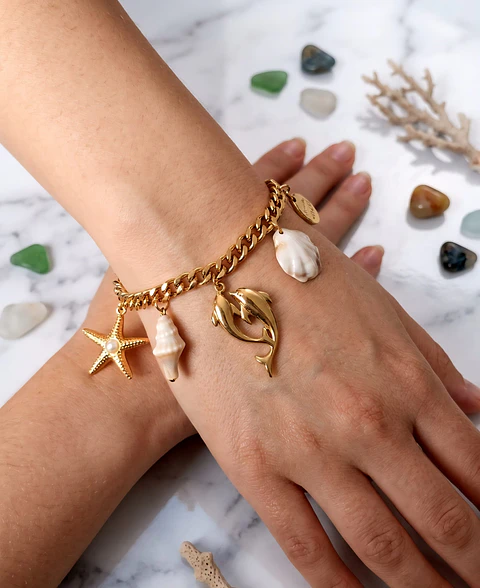 Pulseira Oceano em Aço Inoxidável com Pingentes Marinhos