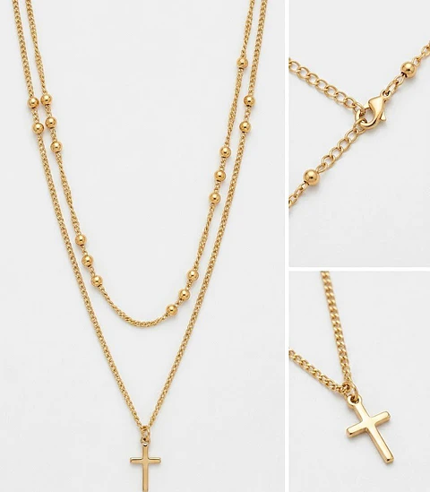 Colar Duplo Dourado com Cruz e Esferas