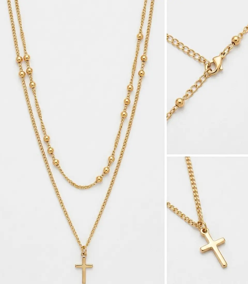 Colar Duplo Dourado com Cruz e Esferas 2