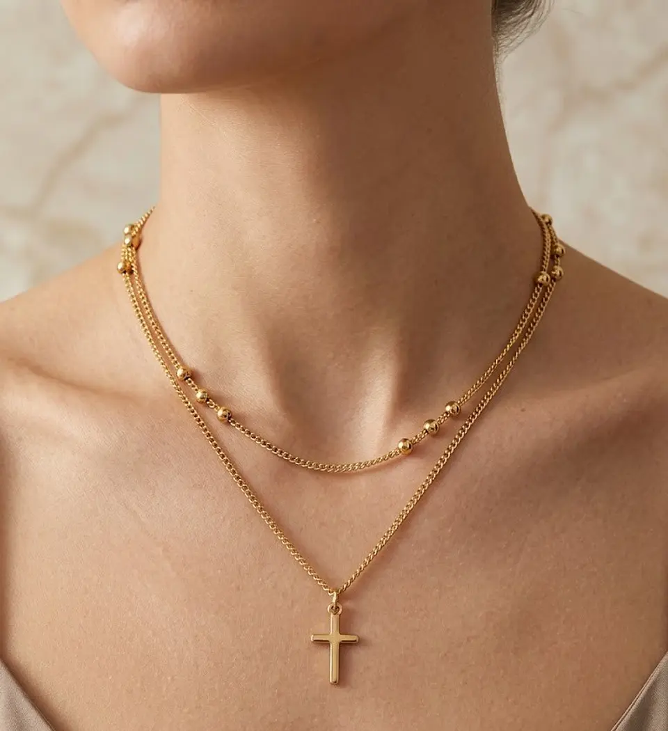 Colar Duplo Dourado com Cruz e Esferas 1