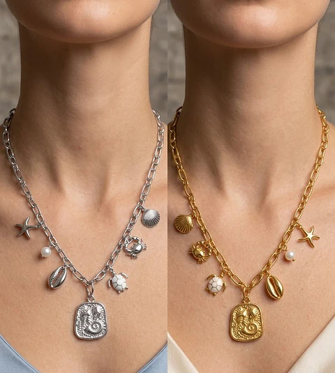 Colar de Elos com Medalha e Amuletos Marinhos