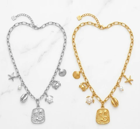Colar de Elos com Medalha e Amuletos Marinhos