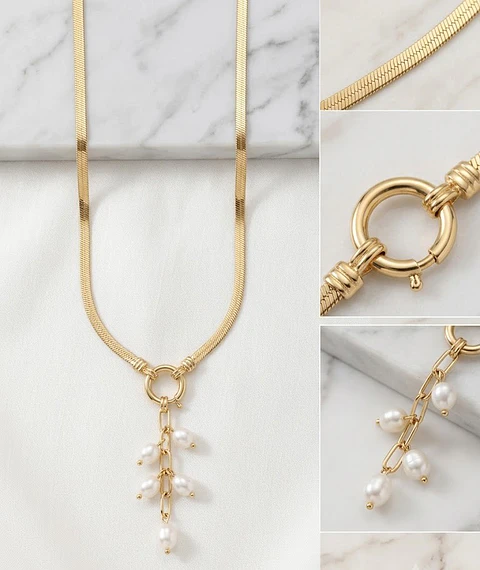 Colar Lariat de Malha Fita com Cascata de Pérolas