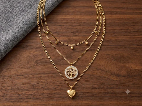 Colar Triplo Árvore da Vida com Brilhantes e Pendente de Coração – Dourado