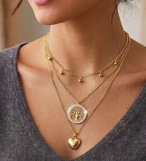 Colar Triplo Árvore da Vida com Brilhantes e Pendente de Coração – Dourado