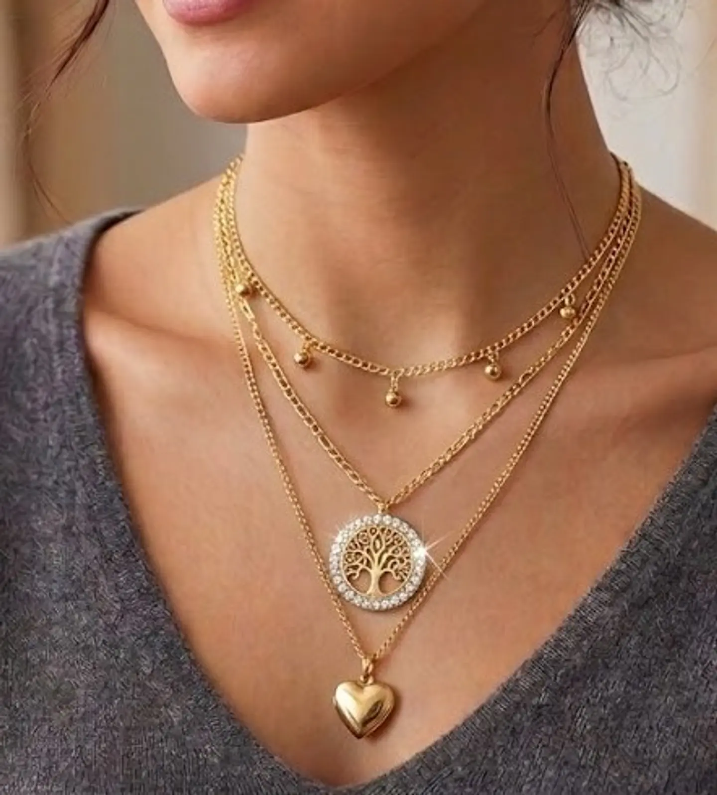 Colar Triplo Árvore da Vida com Brilhantes e Pendente de Coração – Dourado 1