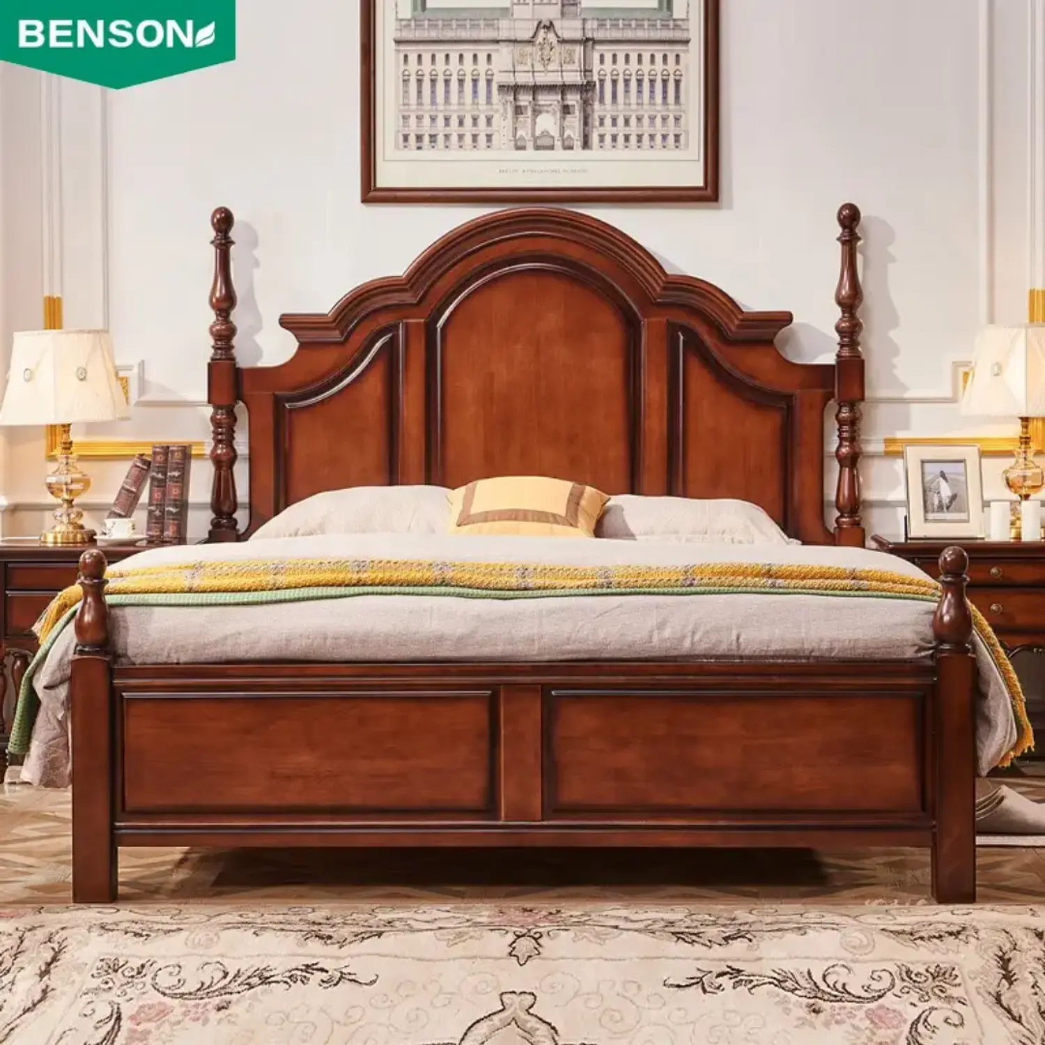 Cama King Roble Americano Madera Maciza con Somier de Pino 3