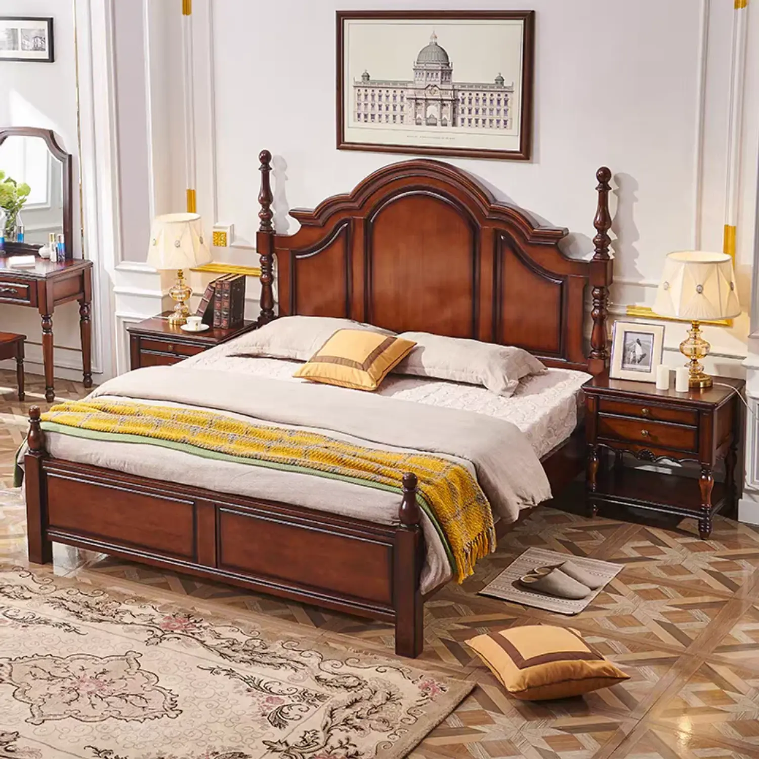 Cama King Roble Americano Madera Maciza con Somier de Pino 2