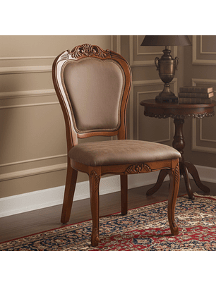 Silla de Comedor Color Caoba con Tallado Asiento y Respaldo en Ecocuero