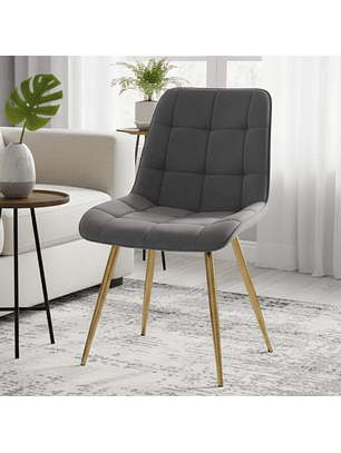 Silla Felpa Gris con Botones Patas Doradas