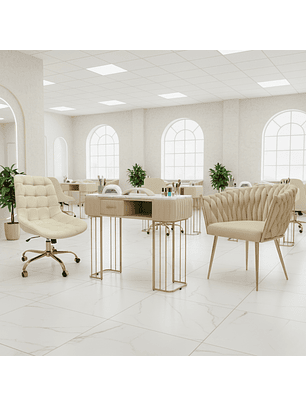 Set de Salón de Belleza Para Manicure . Mesa de Piedra Sinterizada + 2 Sillas Tejidas-