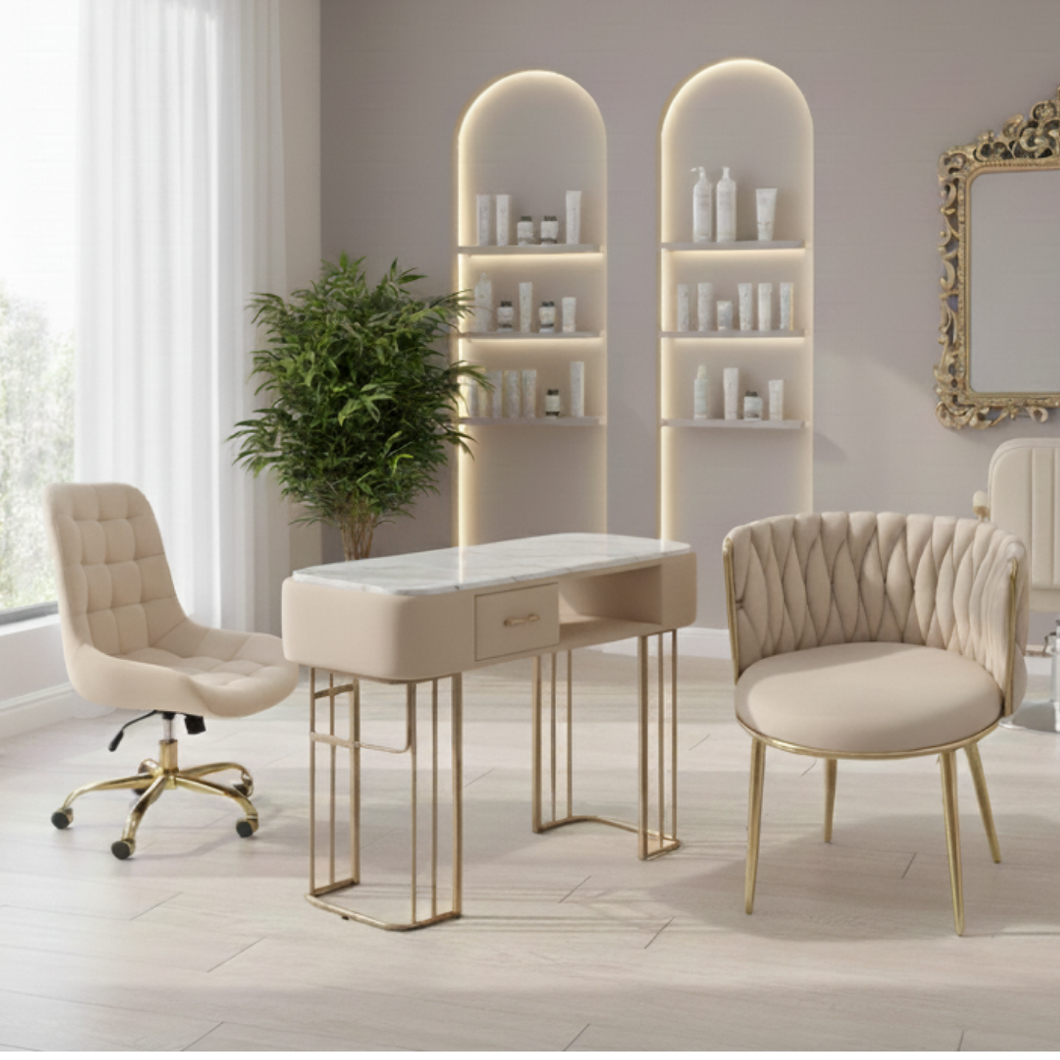 Set de Salón Gold de Belleza Para Manicure . Mesa de Piedra Sinterizada + 2 silla de Felpa  1