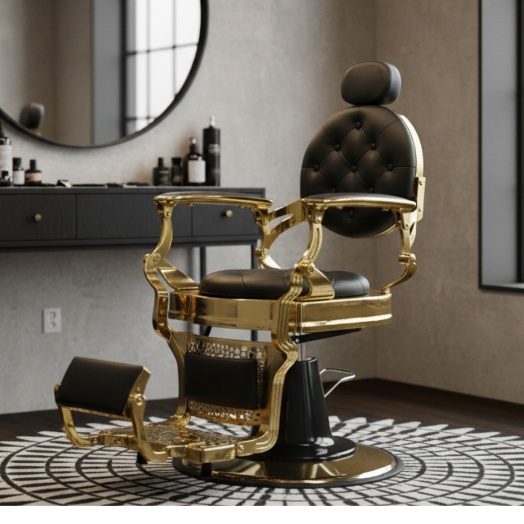 Sillón de Barbería Madrid Gold Negro Reclinable Eco Cuero
