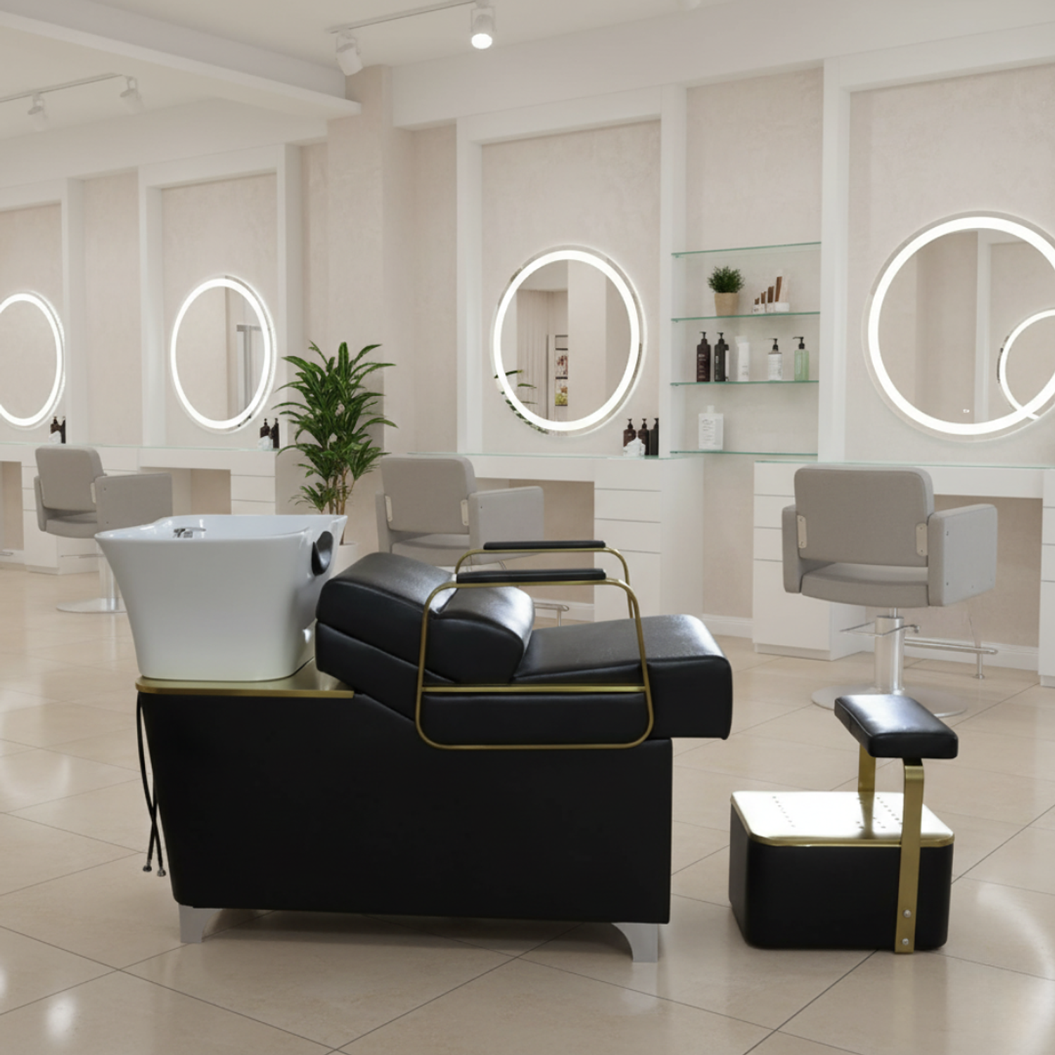 Sillón Lavacabezas Profesional Negro y Dorado con Reposapiés 1