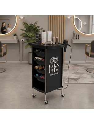 Carrito Auxiliar de Peluquería Profesional Negro con Compartimentos y Ruedas
