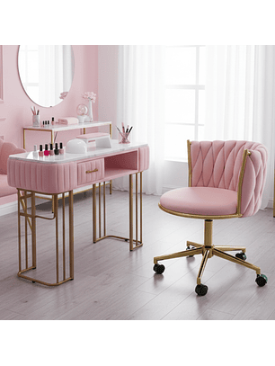 Set Manicura Mónaco Mesa de Piedra Sinterizada y Silla Tejida Patas Doradas Rosada y Beige 