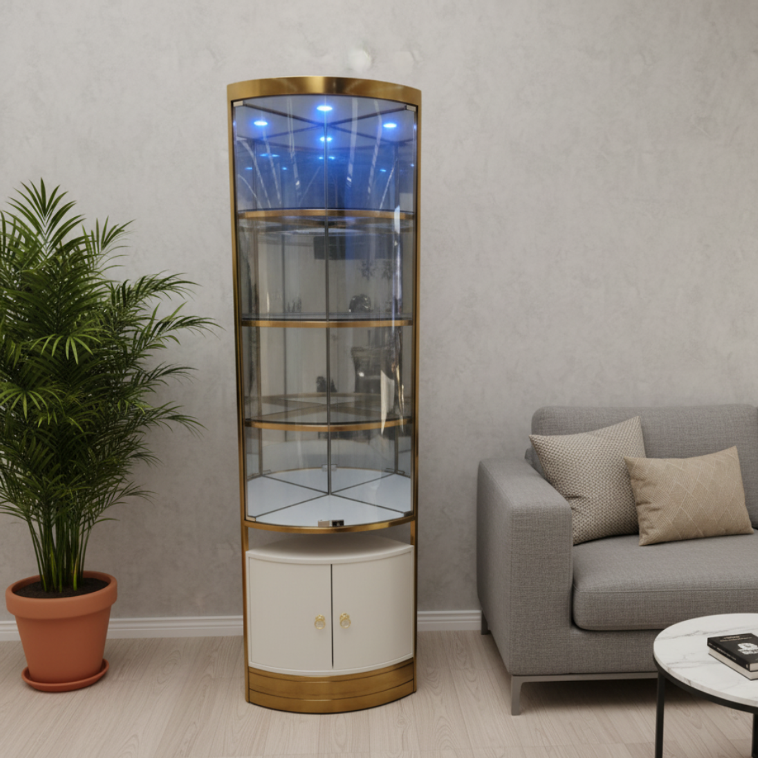 Mueble de Exhibición Blanco con Dorado Para Salón de Belleza o Bar 1