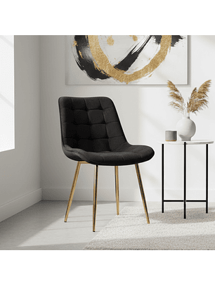 Silla Botón Terciopelo Negro Patas Doradas