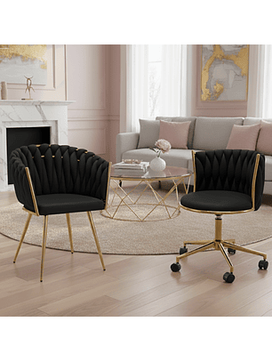 Set 2 Sillas Tejidas una Fija Y una Rueda Base Dorada Velvet Crown Gold Duo