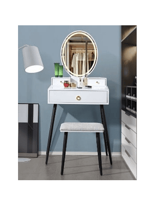 Tocador con Espejo Led Ovalado Base Metálica Cajón y Asiento