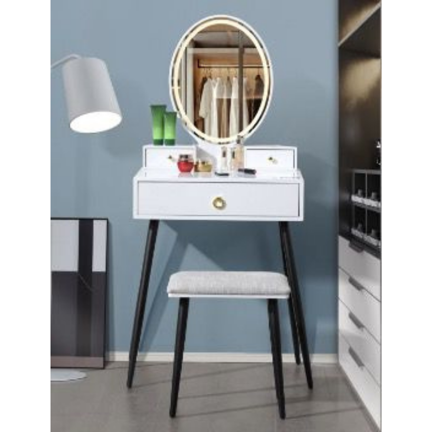 Tocador con Espejo Led Ovalado Base Metálica Cajón y Asiento 1