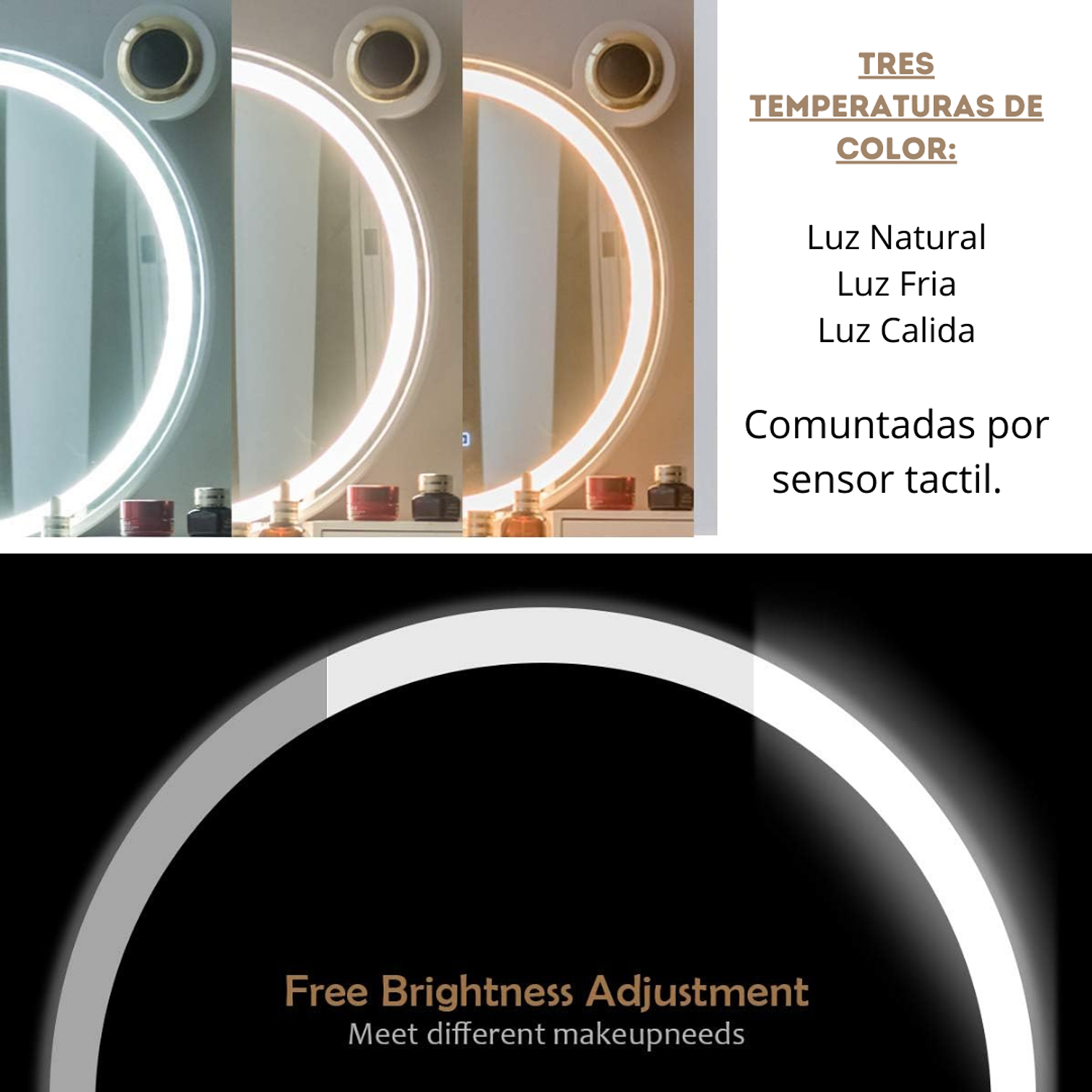 Tocador con Espejo Led Ovalado Base Metálica Cajón y Asiento 3