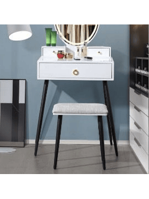 Tocador con Espejo Led Ovalado Base Metálica Cajón y Asiento