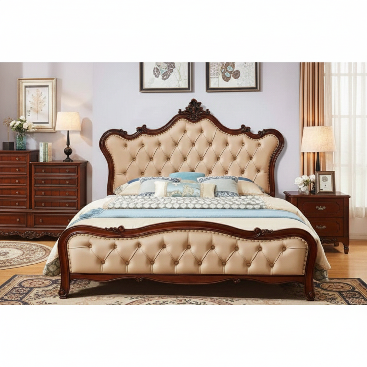 Cama Matrimonial con Tapizado Capitoné Beige 2