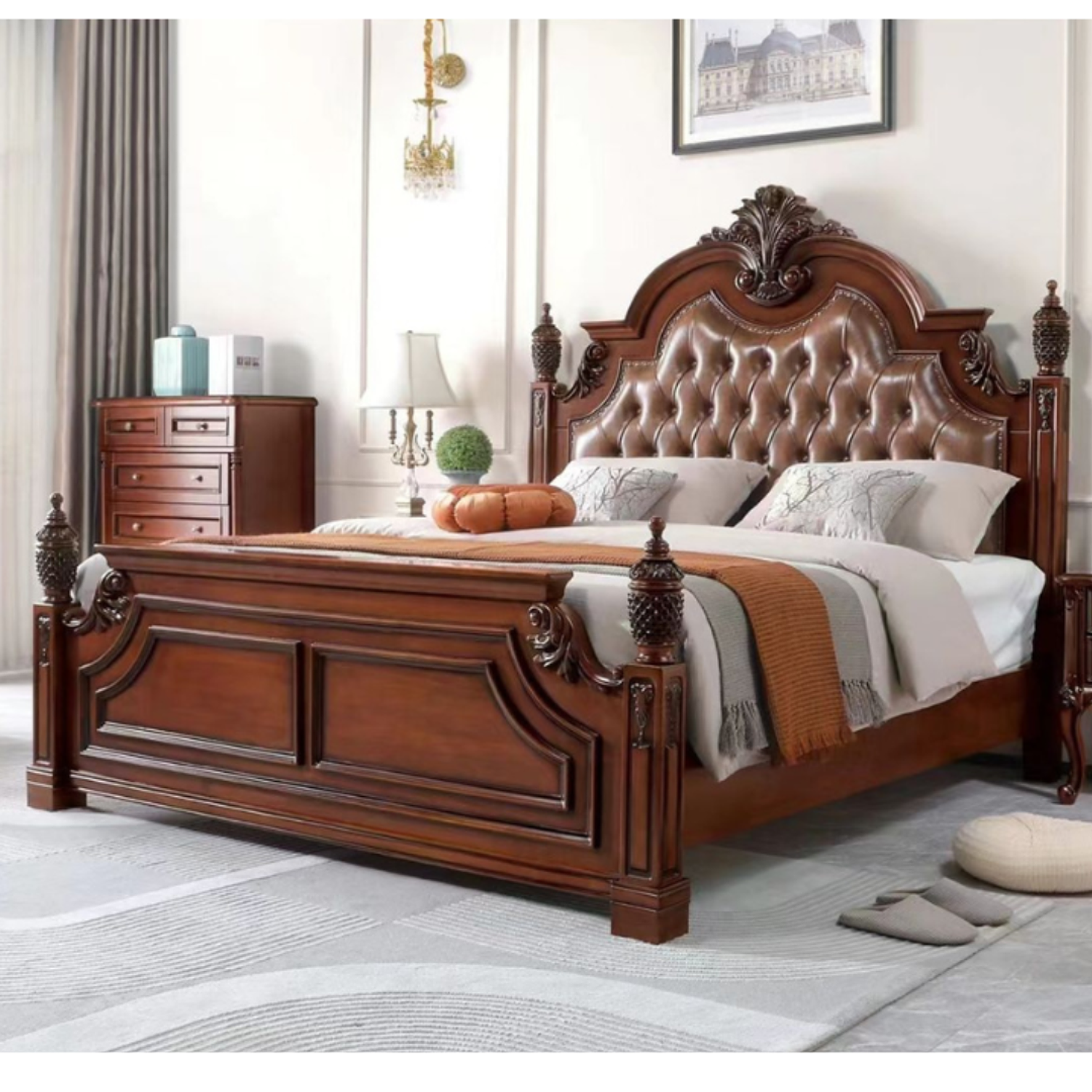 Cama Dos plazas con Tallado y Tapizado Capitoné  1