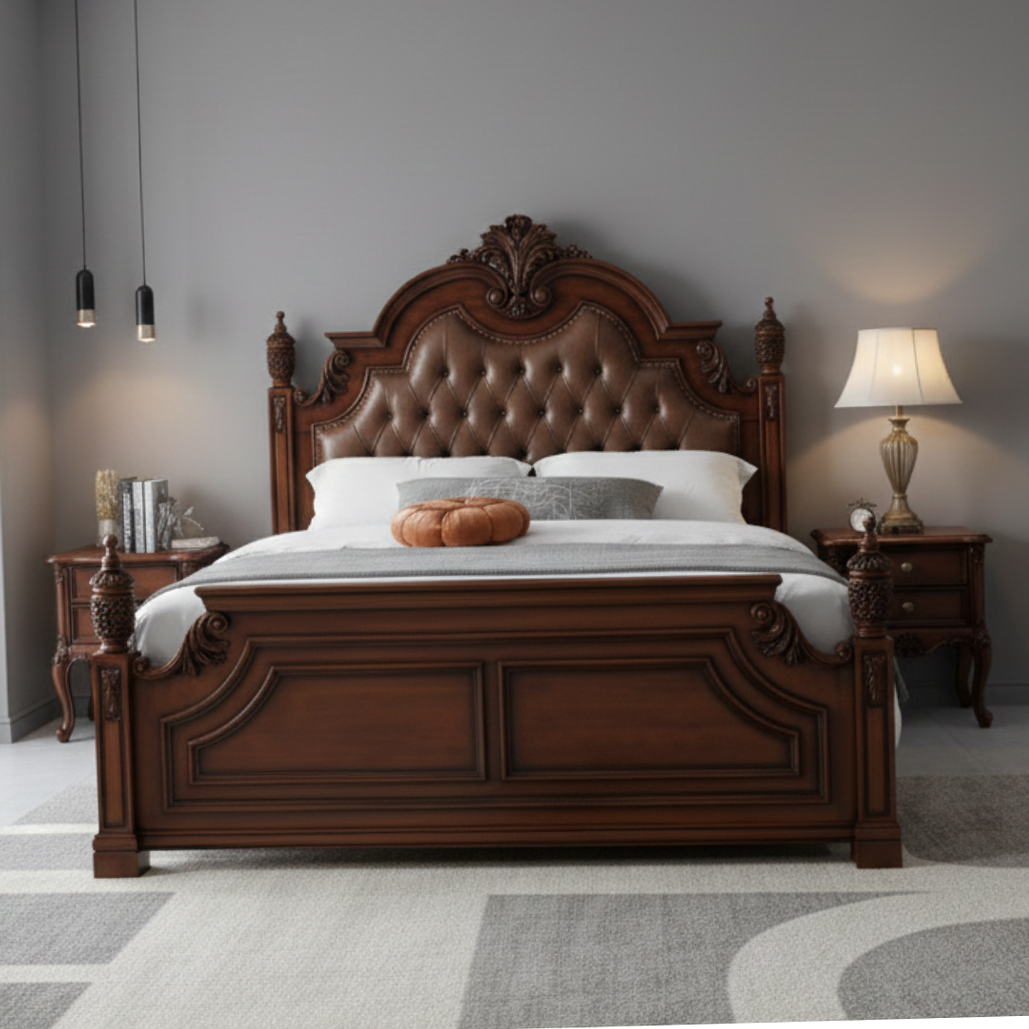 Cama Dos plazas con Tallado y Tapizado Capitoné  3