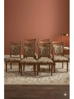 Pack de 6 Sillas de Comedor Ginebra con Asiento de Tela y detalle en Madera Americana