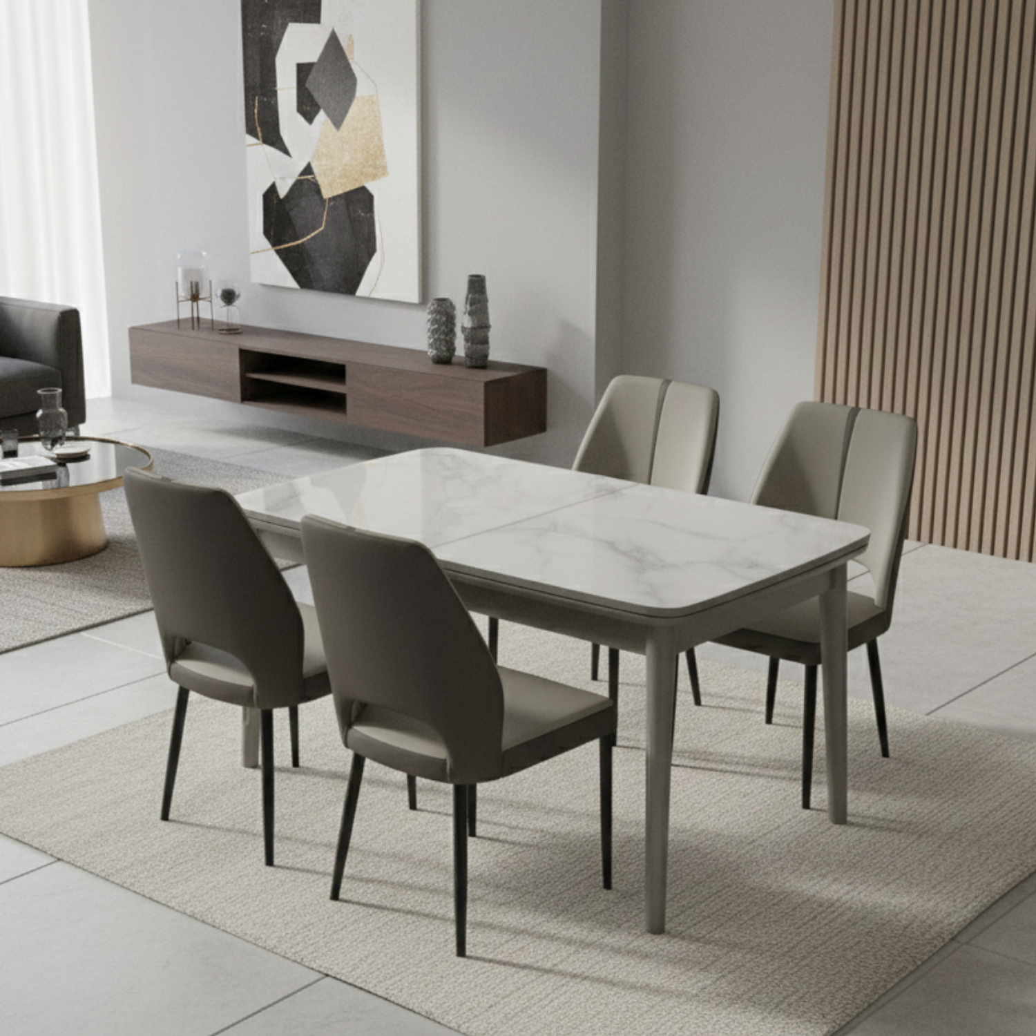 Comedor 4 Sillas Cubierta de Vidrio y Madera Extensible Anti Bacterial 1