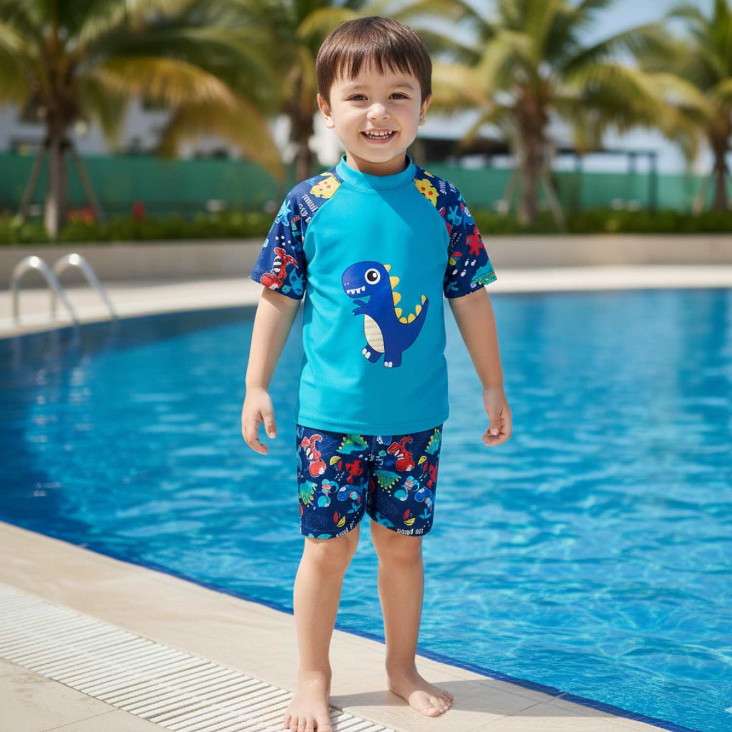 Traje de Baño Para Niño 3 Piezas Azul con Gorro 2