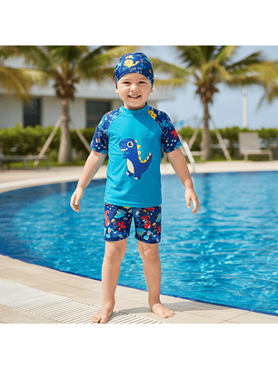 Traje de Baño Para Niño 3 Piezas Azul con Gorro