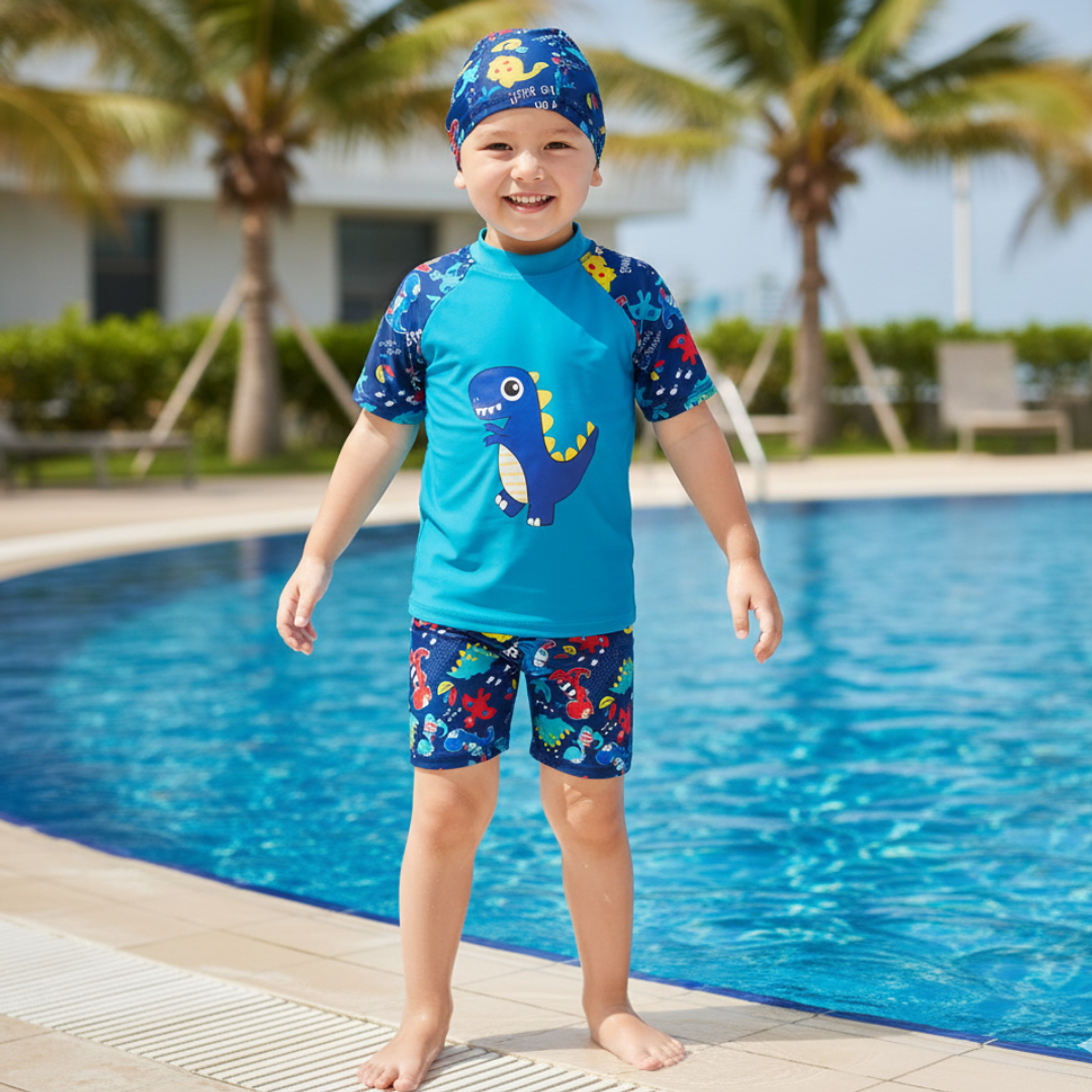 Traje de Baño Para Niño 3 Piezas Azul con Gorro 1