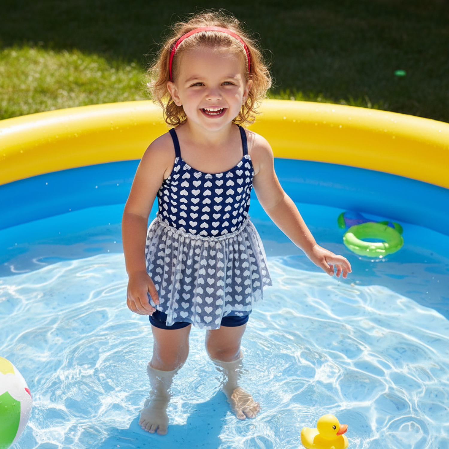 Traje de Baño Vestido Niña Corazones Malla Azul Marino 1