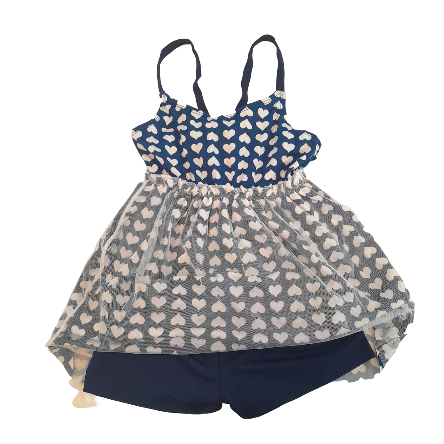 Traje de Baño Vestido Niña Corazones Malla Azul Marino 4