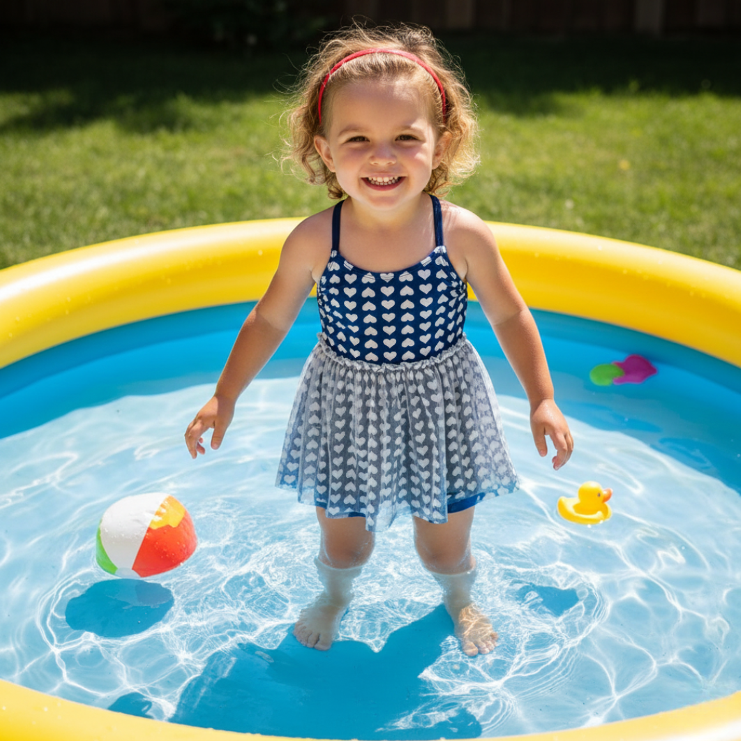 Traje de Baño Vestido Niña Corazones Malla Azul Marino 2