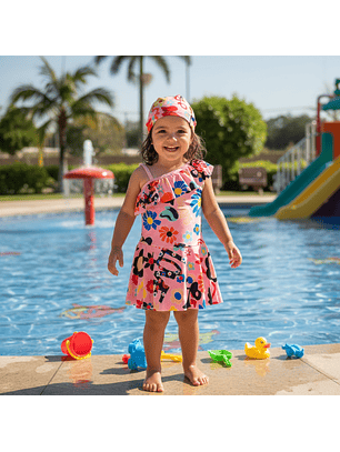 Traje de Baño Vestido con Short Rosado para Niñas con Gorrito