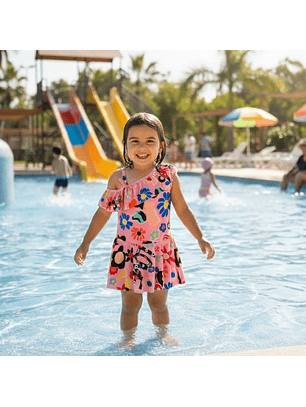 Traje de Baño Vestido con Short Rosado para Niñas con Gorrito
