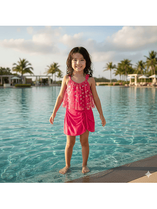 Traje de Baño para Niñas de 2 Piezas Fucsia con Tul y detalles plateado 