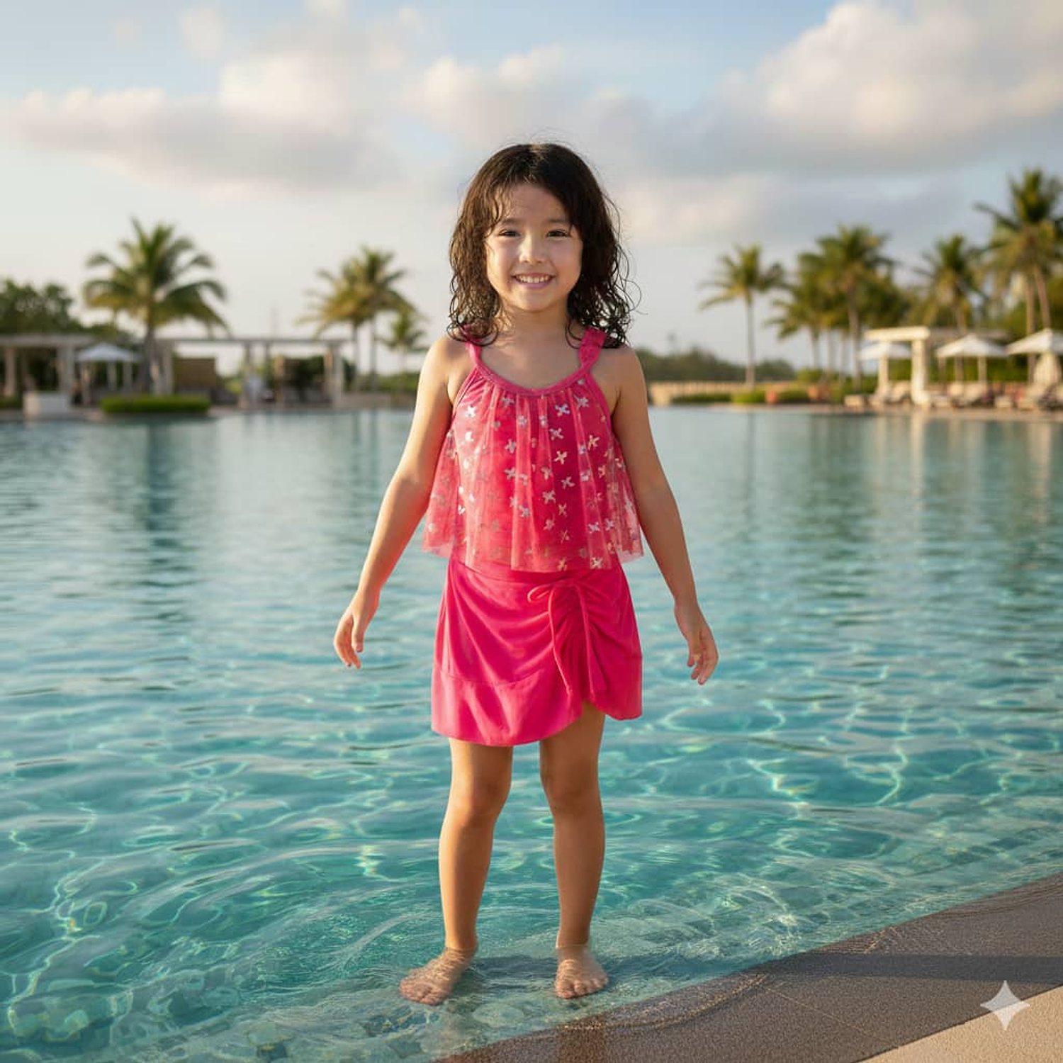 Traje de Baño para Niñas de 2 Piezas Fucsia con Tul y detalles plateado  1