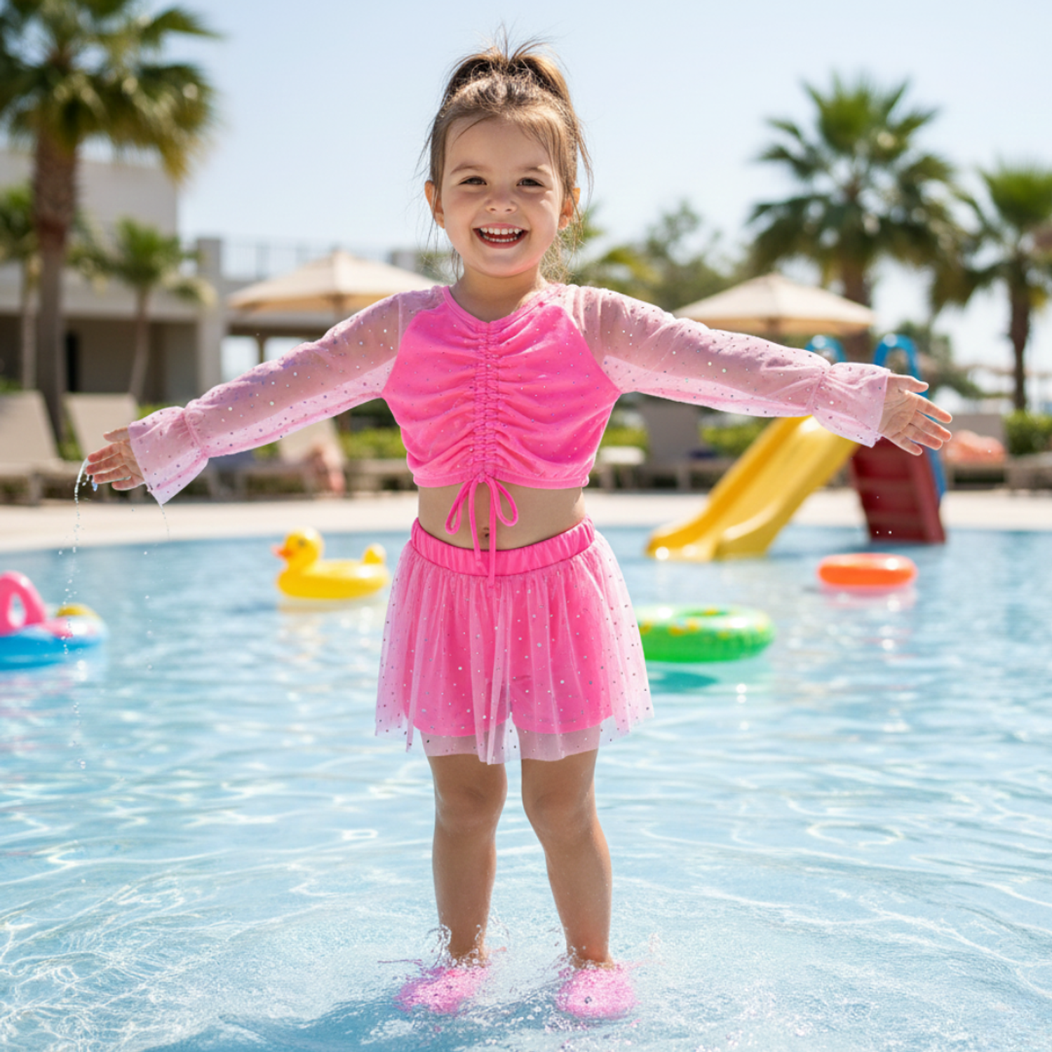 Traje de Baño para Niñas Manga Larga Rosado 1