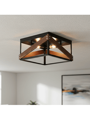 Lámpara Colgante Forma de Cesta con Madera