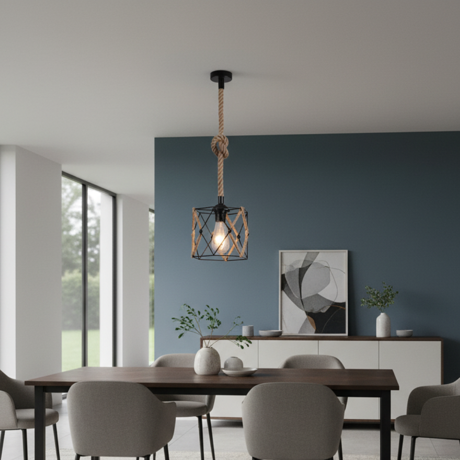 Lampara Colgante Metal con Cesta Tejida  1