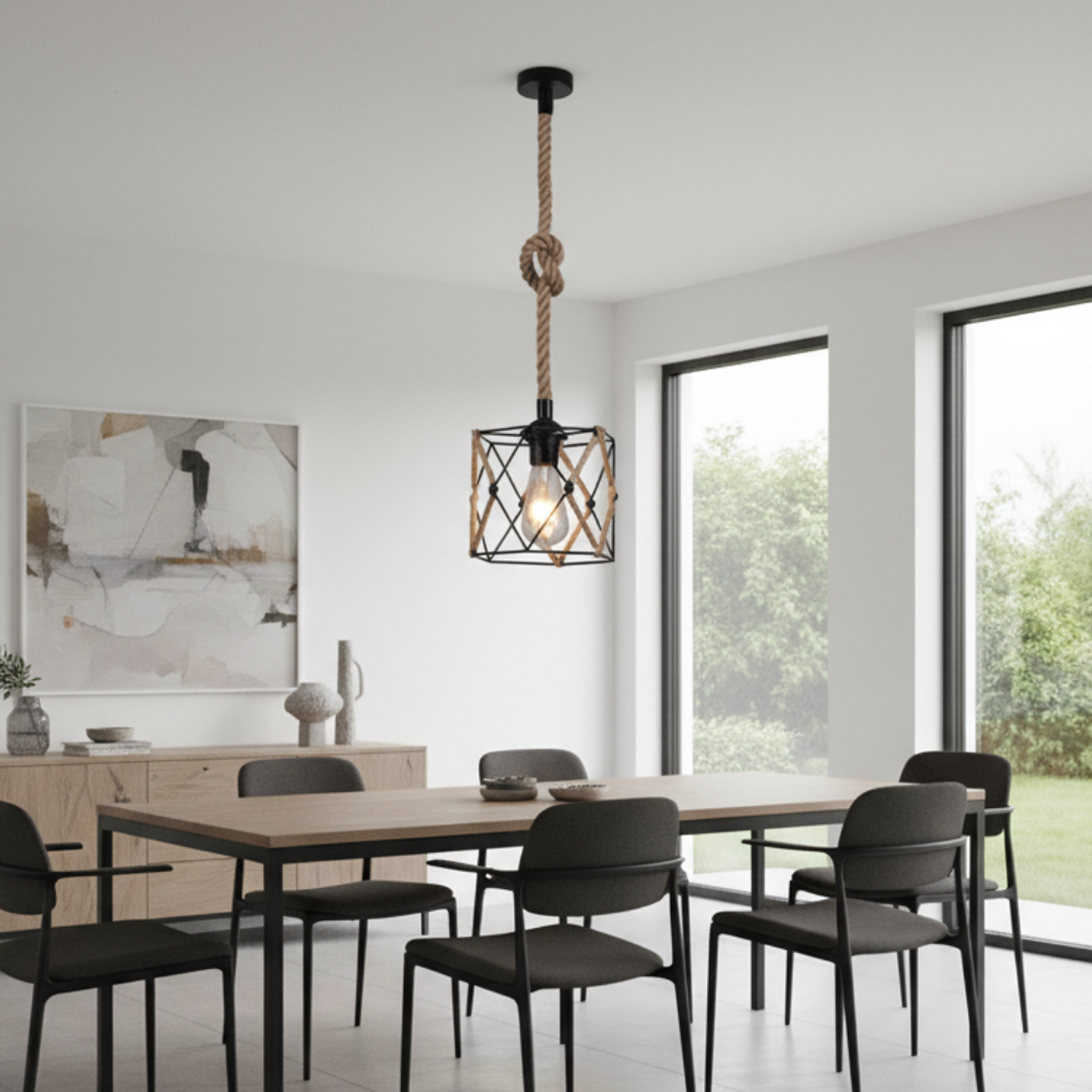 Lampara Colgante Metal con Cesta Tejida  2